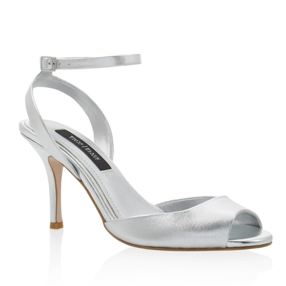 White House Black Market Silver Ankle Strap Mid Heels